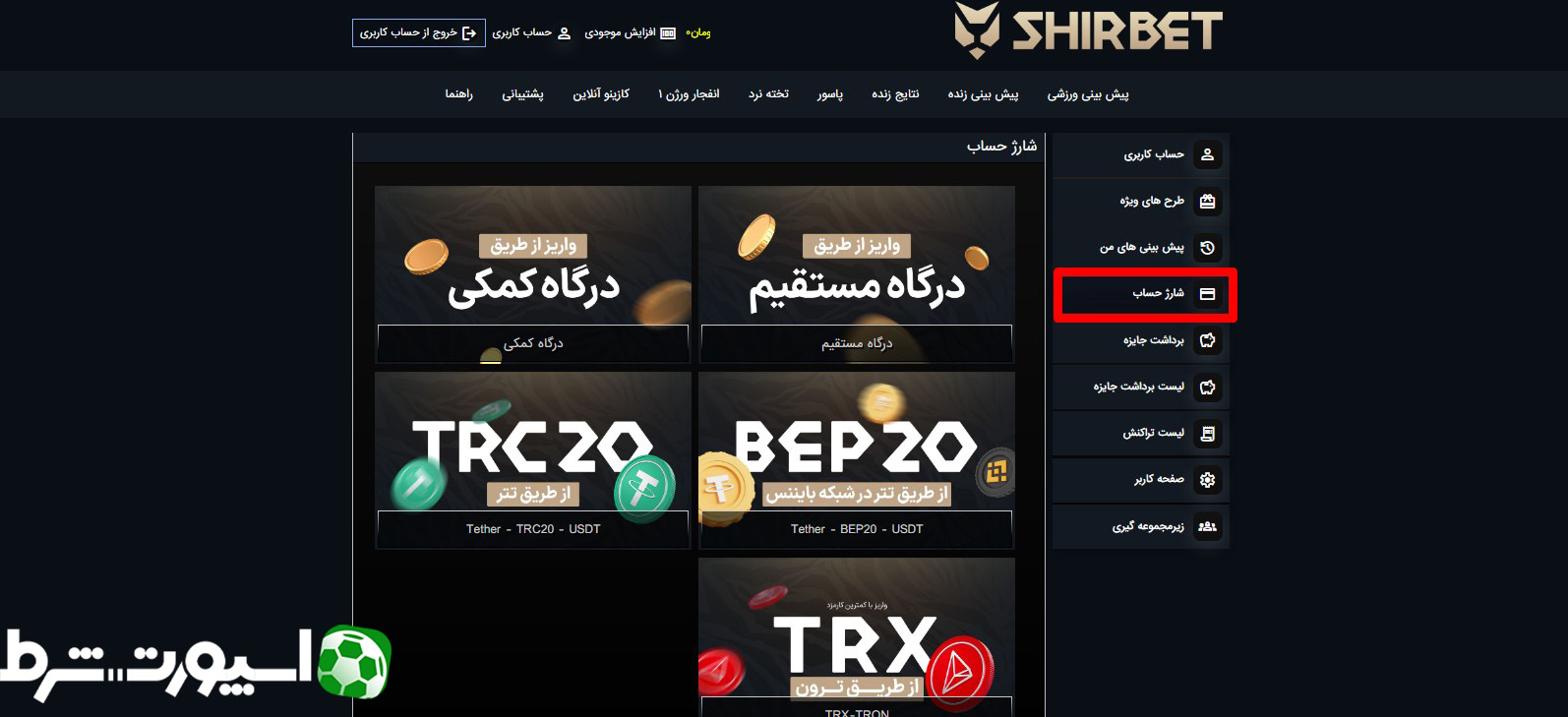شارژ حساب در شیربت