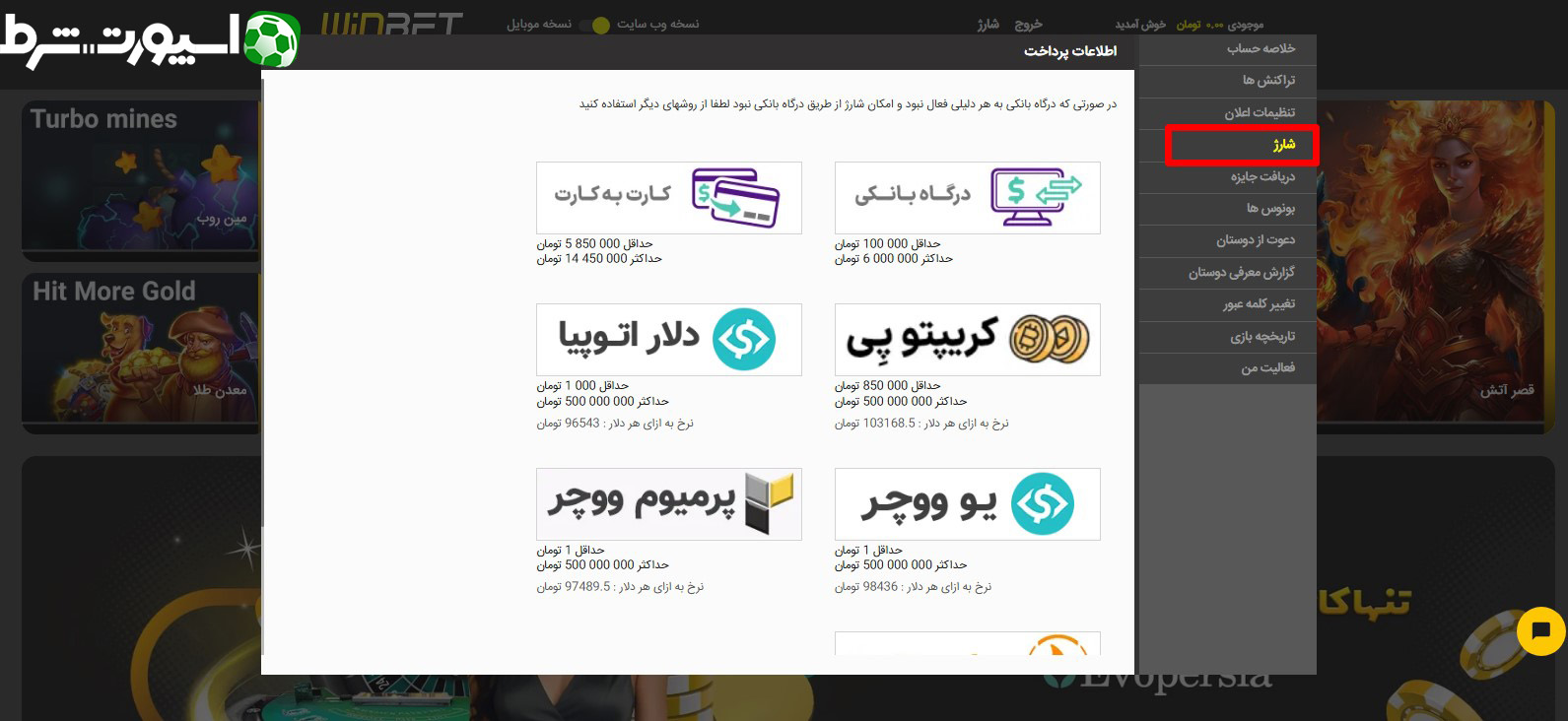شارژ حساب در سایت وین بت